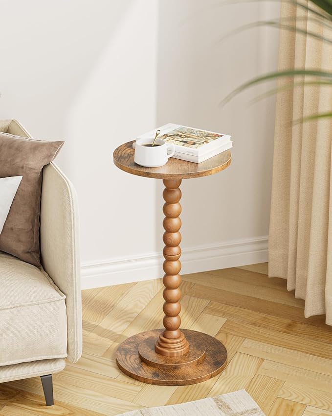 Masupu Round Side Table, Small Drink Table for Small Spaces, Pedestal End Table with Solid Wood Leg for Living Room, Bedroom, Corners(Rustic Brown)