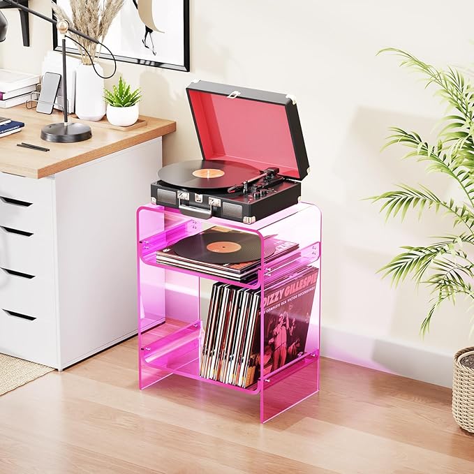 Acrylic Record Player Table with Storage Shelf, Clear Side Table Nightstand (Pink)