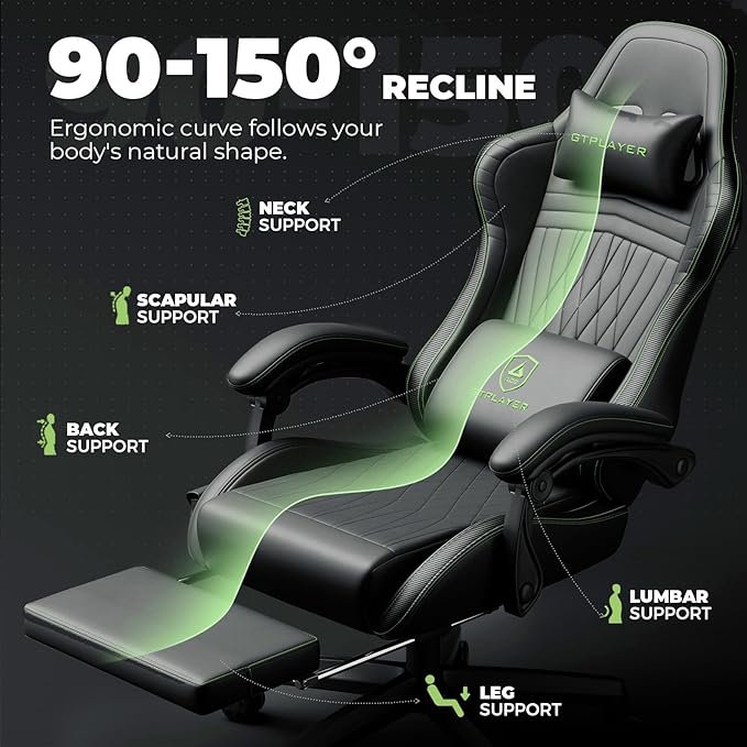 GTPLAYER ACE-PRO Music Gaming Chairs – Built-in Speakers, App Support & Bluetooth Control, Footrest & Pocket, Gamer Chair for Adults, Black & Green Stitch