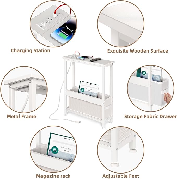 Slim Charging End Table with Storage - for Small Spaces and Bedroom (White)