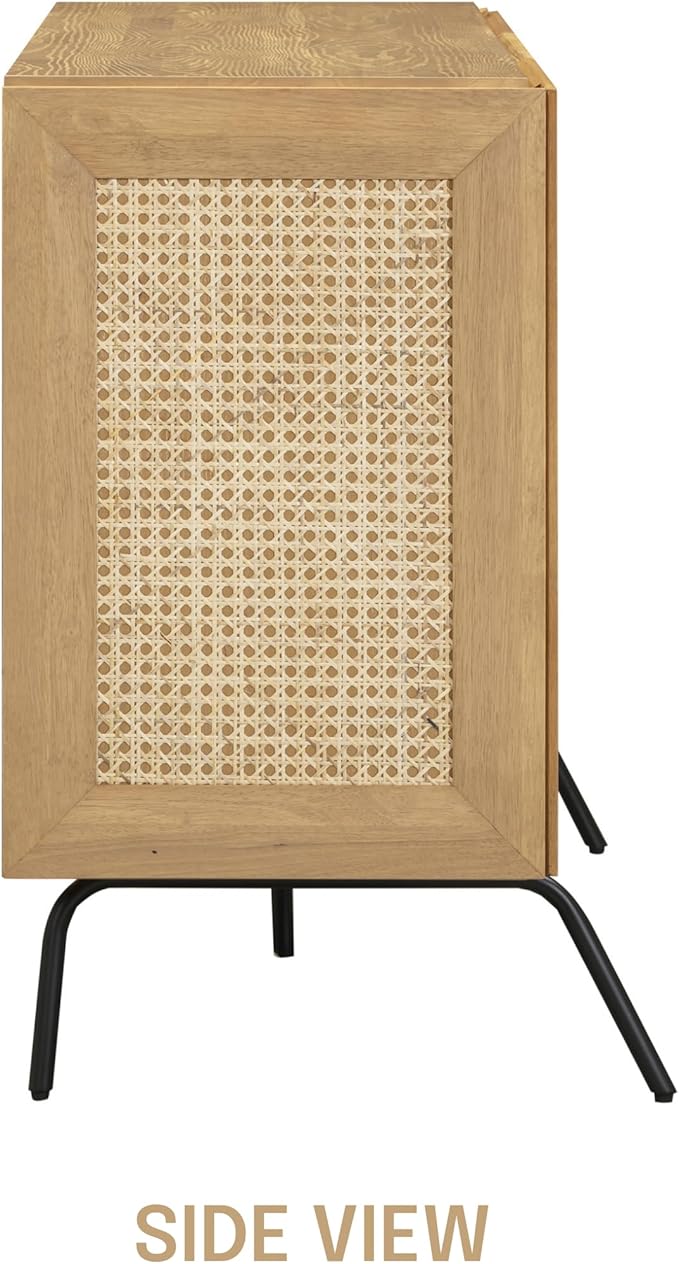 NTC MOSSIC Modern Sideboard with 4 Doors, Natural Rattan Storage Cabinet, Buffet with Metal Legs, Boho Accent Cabinet for Living Room, and Entryway, Effortless Assembly, Sand