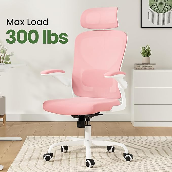 Ergonomic Office Chair, Comfy Home Office Chair High Back Computer Chair with Headrest, Adjustable Back Support, Flip-Up Arms, 90-120° Tilt and Wide Cushion, Up to 300lbs, Pink+White