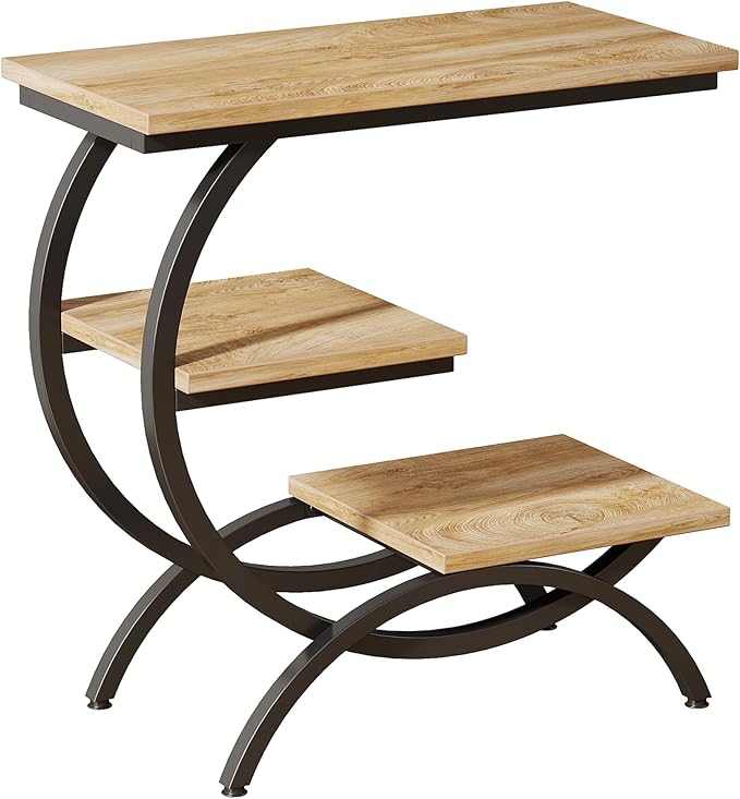 Tribesigns C-Shaped End Table, Industrial 3-Tier Small Side Table for Couch, Wood Bedside Table Snack Side Table with Storage Shelves for Living Room Small Space, Light Brown