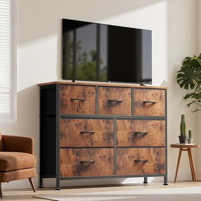 DUMOS Dresser for Bedroom with 7 Drawers, Storage Organizer Units Furniture, Chest Tower TV Stand with Fabric Bins, Metal Frame, Wooden Top for Nursery, Living Room, Bedroom, Closet, Brown