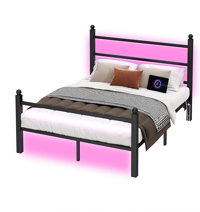 Full Size Bed Frame with Headboard and Footboard,Steel Slats Support-LED Bed Frame with USB Charging Station,Mattress Foundation-Under Bed Storage, No Box Spring Needed,Noise Free,Black