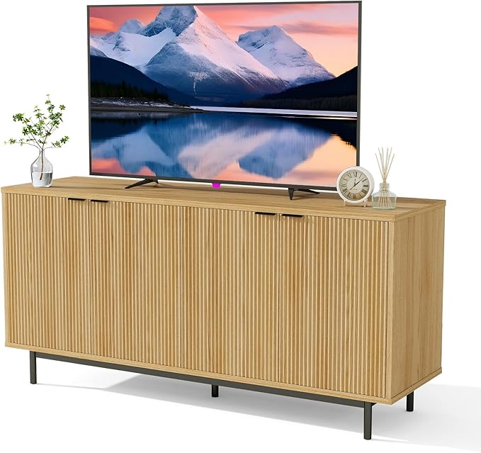 Vipbear Modern TV Stand for 65 Inch TV,Entertainment Center with Storage Cabinets and Adjustable Shelves, Media Console Table, Wood Television Furniture for Living Room, Bedroom, Natural Wood