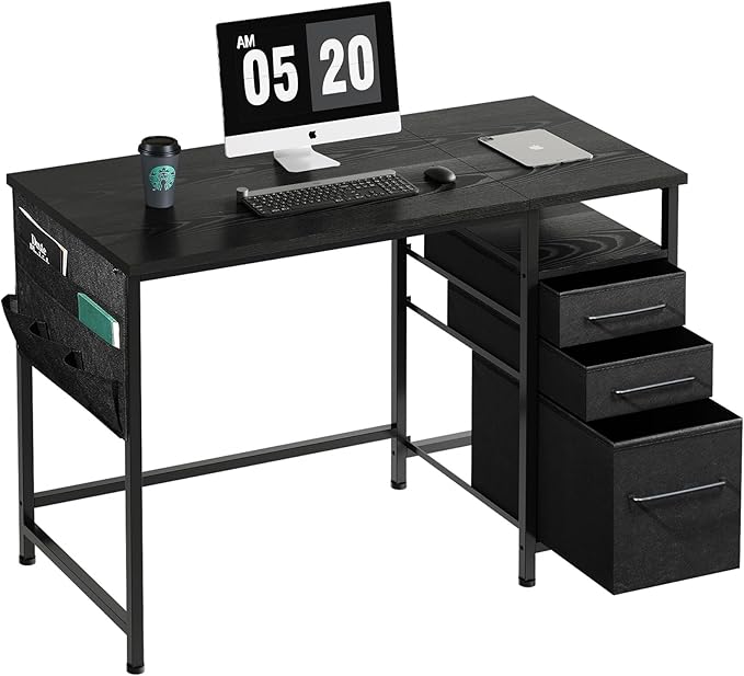 Maihail Maihail Small Desk with Drawers, 40 inch Computer Desk with Shelves, Writing Desk with Storage, Small Office Desk with Metal Frame, Black