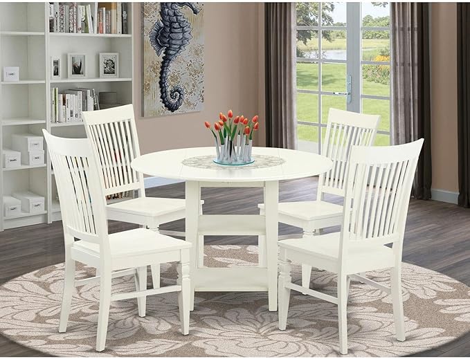 East West Furniture SUWE5-LWH-W 5 Piece Dining Set Includes a Round Dining Room Table with Dropleaf & Shelves and 4 Kitchen Chairs, 42x42 Inch, Linen White