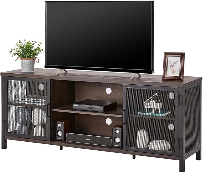 FATORRI Industrial Entertainment Center for TVs up to 55 60 65 Inch, Rustic Wood TV Stand, Large TV Console Cabinet with Doors for Living Room (60 Inch Wide, Walnut Brown)