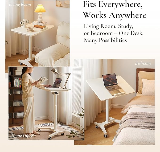 Adjustable Computer Desk, Solid Wood Folding Desk with Wheels, Mobile Home Office Laptop Table, Sit Stand Workstation, Rolling Desk, 28.35-42.52 H x 31.5 W x 19.69 D Inches,White