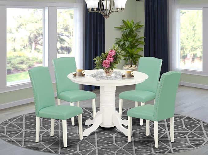 East West Furniture SHEN5-LWH-57 5 Piece Dining Set Includes a Round Dining Room Table with Pedestal and 4 Pond Faux Leather Upholstered Parson Chairs, 42x42 Inch, Linen White