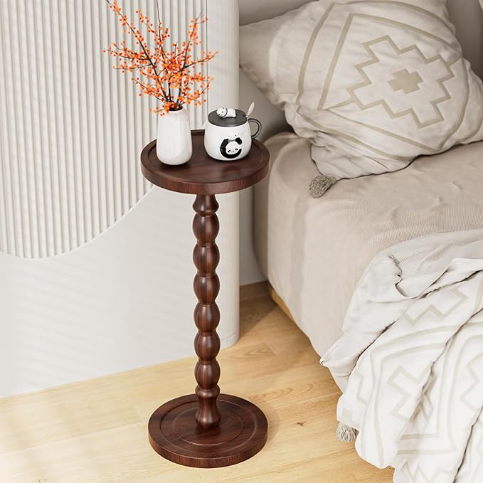Solid Wood Drink Table, Rubber Wood Small Round Side Table for Small Spaces, Martini Tables, Pedestal End Tables for Living Room, Bedroom, Corners, and Office (Dark Walnut, 9.4 inch)