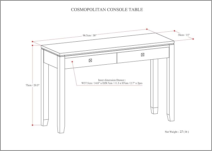 SIMPLIHOME Cosmopolitan Console Table - 38 Inch Wide Solid Wood Sofa Table in Mahogany Brown, Contemporary Compact Storage Table for Entryway or Living Room with 2 Drawers and Tapered Legs