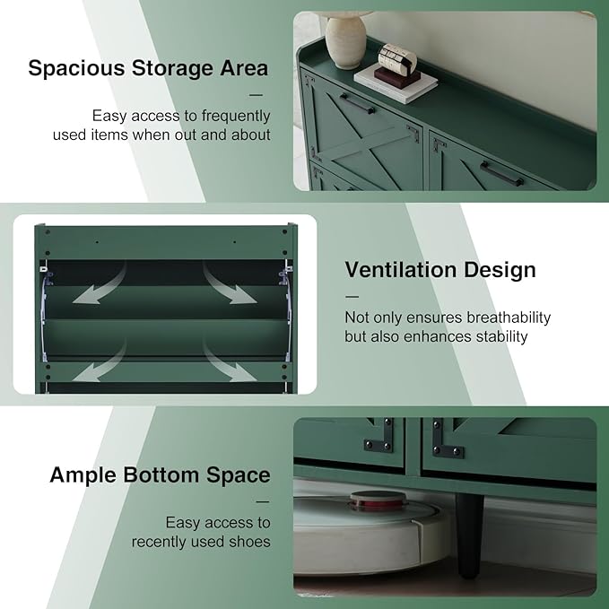 Shoe Storage Cabinet,Farmhouse Shoe Organizer with 4 Flip Drawers & Barn Door Design,Freestanding Hidden Slim Narrow Shoe Rack Cabinet for Entryway,Foyer,Hallway,Green