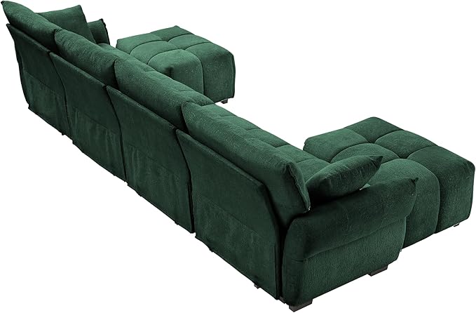 Modern Chenille Fabric 4-Seat Sofa w/Two Ottoman+2 Pillows, Premium Upholstery Living Room Couch with Tufted Backrest & Comfortable Armrests and High-Resilience Memory Foam Cushions,Green