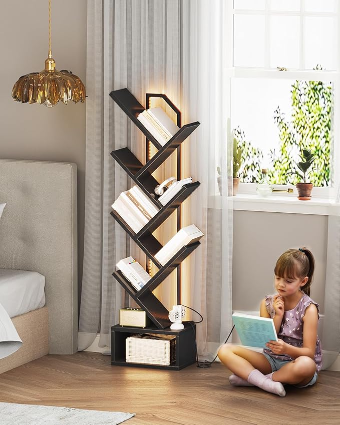 Casaottima 6-Tier Tree Bookshelf — Narrow Floor Standing Bookcase, Tall Steel & Wood Book Organizer Shelf with Cabinet, Home Decor for Living Room/Bedroom/Home Office, Black