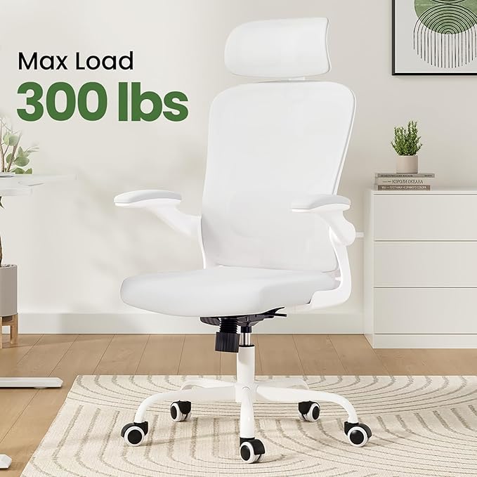 Ergonomic Office Chair, Comfy Home Office Chair High Back Computer Chair with Headrest, Adjustable Back Support, Flip-Up Arms, 90-120° Tilt and Wide Cushion, Up to 300lbs,White