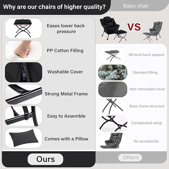 Lazy Chair with Ottoman, Comfy Fabric Accent Lounge Arm Chair with Lumbar Pillow and Folding Footrest, Reading Leisure Sofa Chair for Bedroom, Living Room, Dorm,Black