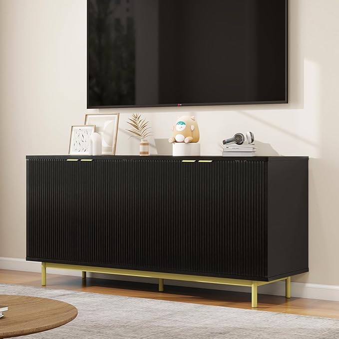 Vipbear Modern TV Stand for 65 Inch TV,Entertainment Center with Storage Cabinets and Adjustable Shelves, Media Console Table, Wood Television Furniture for Living Room, Bedroom, Black