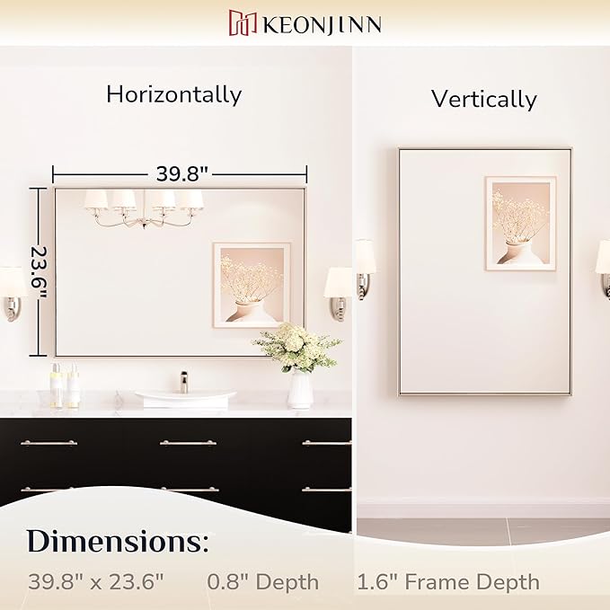 Keonjinn 40 x 24 in Brushed Nickel Bathroom Mirror for Wall, Silver Rectangular Metal Framed Vanity Mirror for Bathroom Sink Square Corner Aluminum Alloy Modern Rectangle Mirror(Horizontal/Vertical)