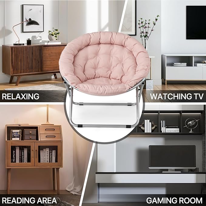 MoNiBloom Round Folding Saucer Chair for Bedroom Living Room Dorm Foldable Metal Frame Comfy Soft Lounge Lazy Cozy Moon Chair for Teens (Pink)