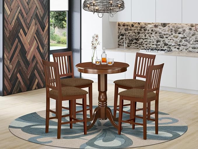 East West Furniture EDVN5-MAH-C 5 Piece Counter Height Dining Table Set Includes a Round Wooden Table with Pedestal and 4 Linen Fabric Upholstered Chairs, 30x30 Inch, Mahogany