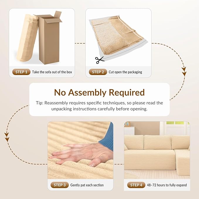 COMHOMA 105”Modular Sectional Sofa with Deep Seat,Cloud Upholstered L-Shape Couch Wide Arms Corduroy Fabric High-Density Foam Chaise Lounge for Living Room No Assembly Required