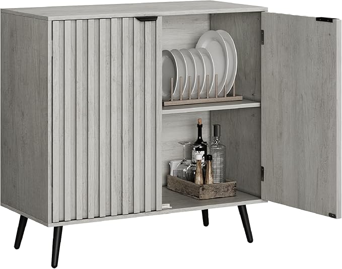 Smuxee Freestanding Fluted Sideboard, Grey Wash Buffet with Wood Storage, Adjustable Shelf for Living Room, Entryway, Hallway