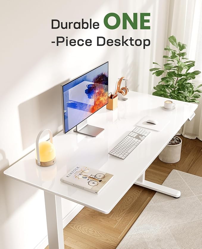 Marsail Glass Electric Standing Desk with Drawer, 40 x 24 Inches Height-Adjustable Desk, One-Piece Tempered Glass Top, Ergonomic Home Office Sit Stand Desk with 4 Preset Heights, White
