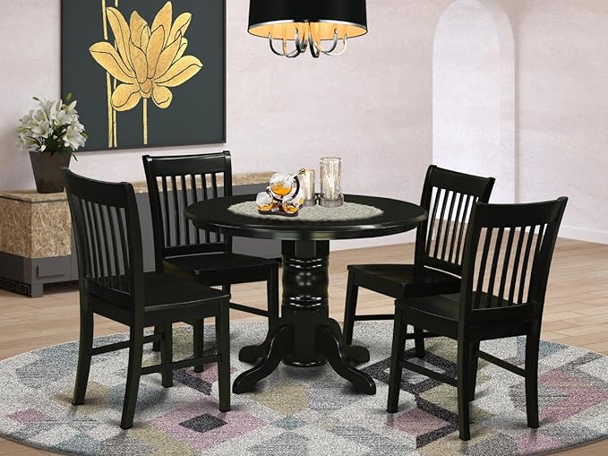 East West Furniture SHNO5-BLK-W 5 Piece Dining Set Includes a Round Dining Room Table with Pedestal and 4 Wood Seat Chairs, 42x42 Inch, Black