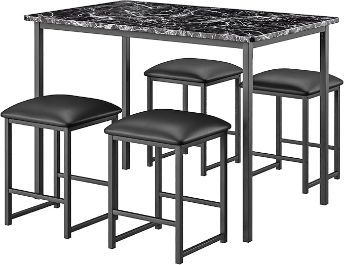 VECELO Kitchen Table and Chairs for 4, Dining Room Set with PU Chairs/Stools, Heavy-Duty Metal Frame, Faux Marble Tabletop, Space-Saving Design for Small Spaces, Easy Assembly, Elegant Black