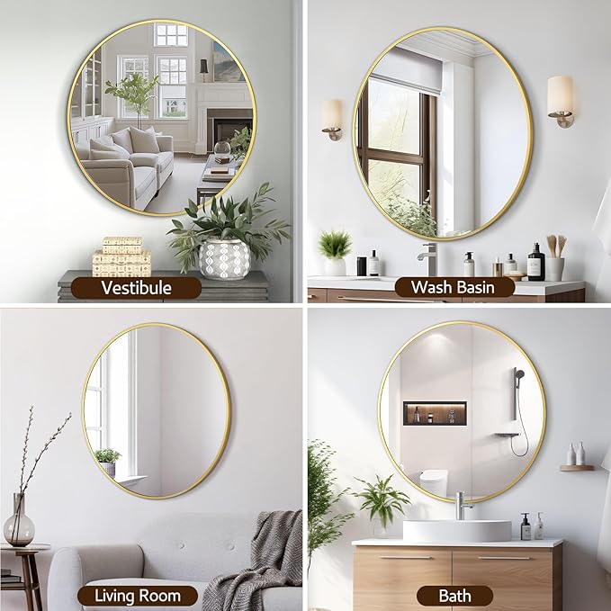 Gold Round Mirror 30 Inch Circle Mirror Bathroom Mirror Large Round Mirrors Brushed Metal Frame Anti-Rust Tempered Glass for Bathroom Bedroom Entryway Living Room