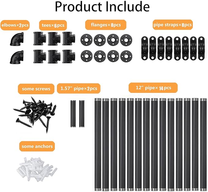 Industrial Pipe Shelf Brackets Wall Mount,Open Black Pipe Shelving for Kitchen,Floating Shelf Brackets Mount,Open Bookshelf Brackets for Shelves,Wall Shelves 12 Inch Deep,(2PcsX4Tier,47" Tall)