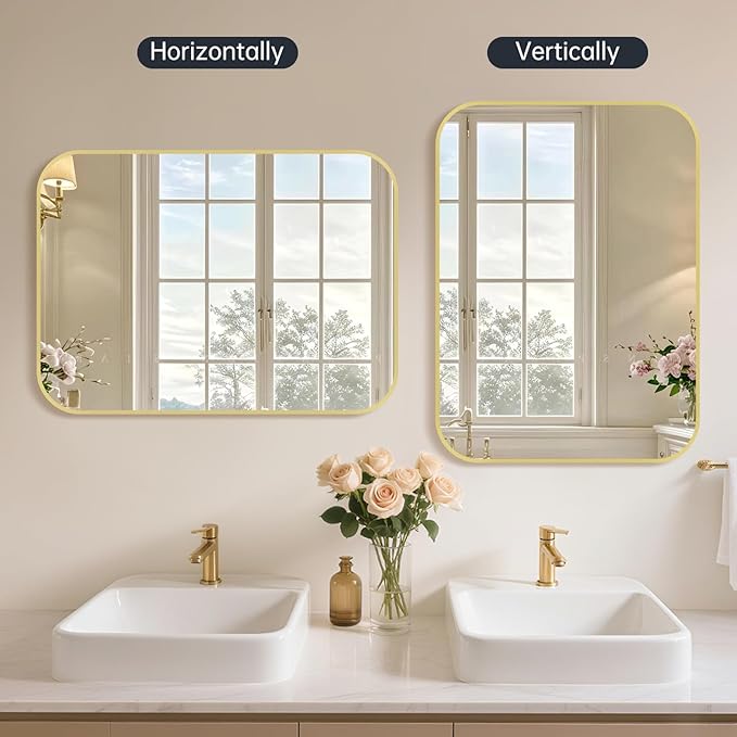 24x36 Inch Bathroom Mirror, Gold Framed Rectangle with Rounded Corner, Aluminum Alloy Framed Brushed Wall Mirror for Bedroom or Living Room, Vertical or Horizontal