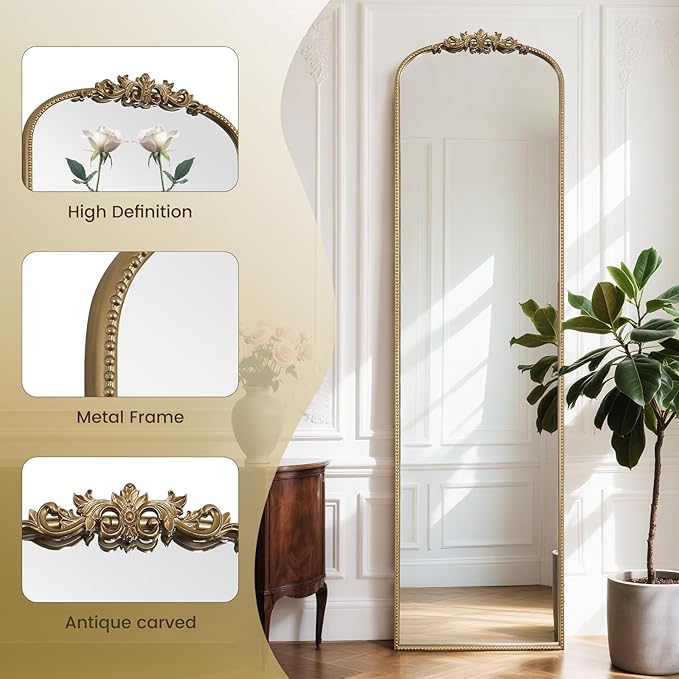 WallBeyond Arched Full Length Mirror Wall Mounted, 21x78 Inch Gold Antique Mirror, Vintage Metal Frame Full Body Mirro for Bedroom, Living Room, Hanging or Leaning