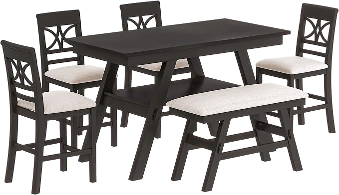 Merax 6 Piece Counter Height Dining Table Set with Storage Shelf, Beige Cushion, Bench and 4 Chairs, Espresso