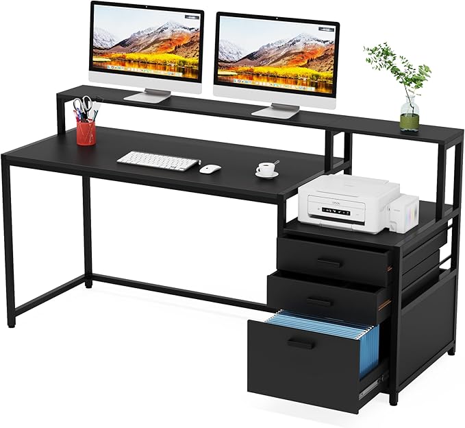 Tribesigns 63 Inch Computer Desk with File Drawer Cabinet, Ergonomic Office Desk with Monitor Stand, Industrial Computer Table with Printer Space, Wood PC Table Workstation Desks for Home Office