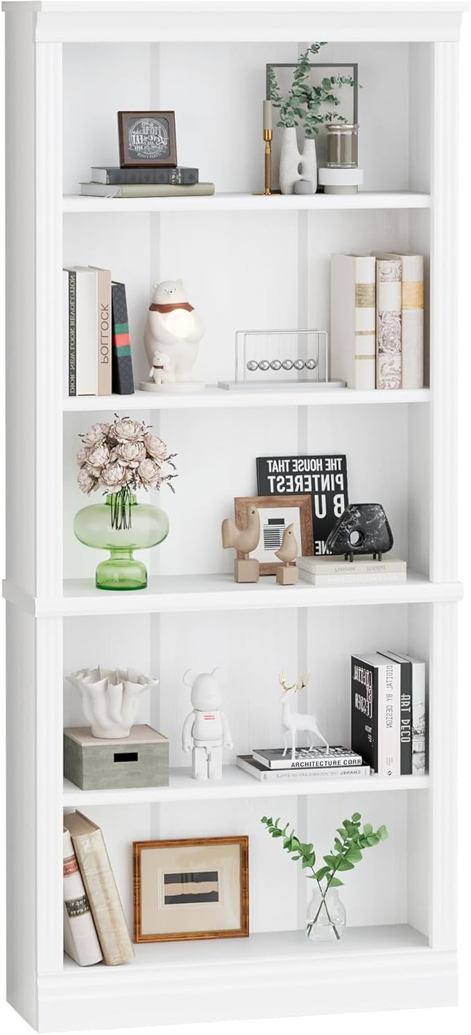 YESHOMY 72" Bookcase and Bookshelf, 5-Tier Wood Bookcases with Shelves, Tall Floor Standing Book Shelf Storage Cabinet Home Decor Furniture for Living Room, Home Office, White, 1 PCS