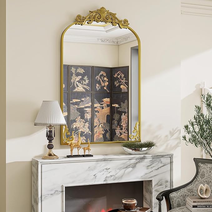 24x36 inch Vintage Arched Bathroom Mirror - Gorgeous Wall Vanity Mirror with Beautiful Retro Top and Bottom Engraving Process Frame for Entryway Hallway Living Room, Gold