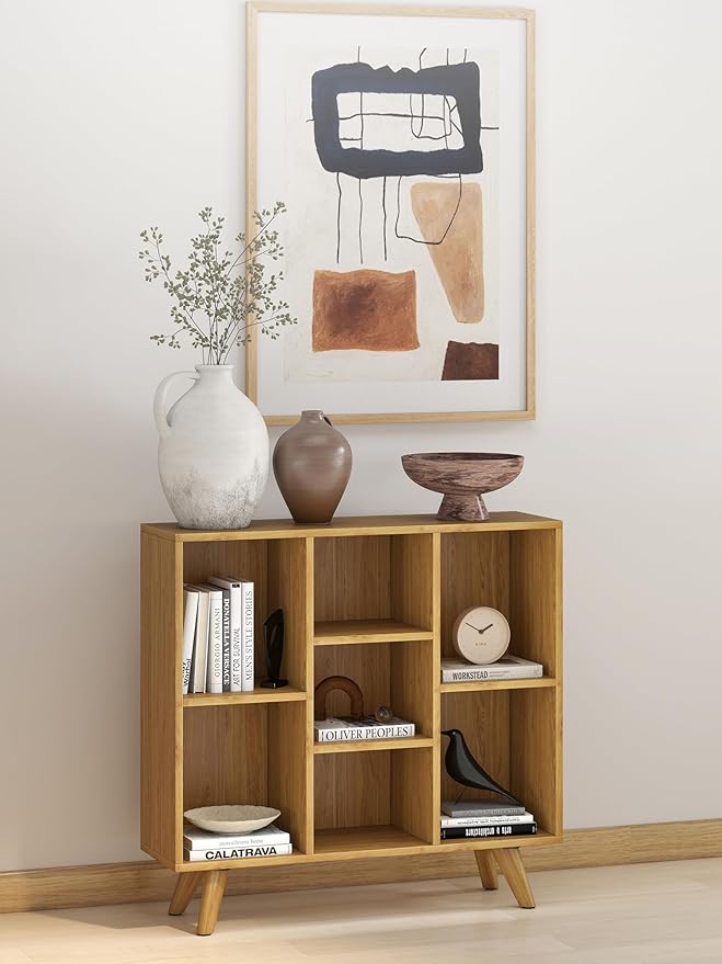 Manora Bookshelf with 7 Open Storage Cubes, Wooden Bookcase Organizer, Rustic Modern Display Shelf for Living Room, Bedroom, Office