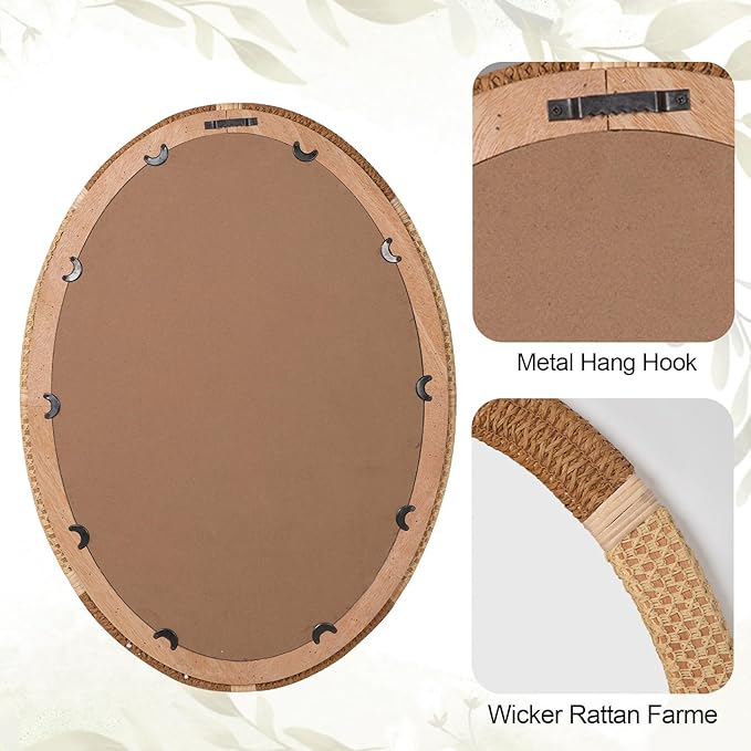 ULIKE Oval Rattan Wall Mirror, 22x30 Inch Rustic Farmhouse Wall Decor with Wicker Frame, Boho Mirror for Nursery Bathroom Bedroom Living Room Entryway