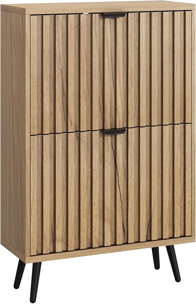 Smuxee Shoe Cabinet with 2 Flip Drawers, 23.6" Natural Hidden Shoe Storage Cabinet with Fluted Design, Freestanding Shoe Organizer Cabinet for Entryway, Hallway, Closet, Living Room
