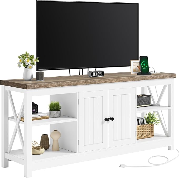 YITAHOME TV Stands for Living Room, Modern Entertainment Center with Power Outlets for Television up to 65 Inch, Farmhouse Media Console TV Cabinet with Adjustable Shelf & Open Shelves, White