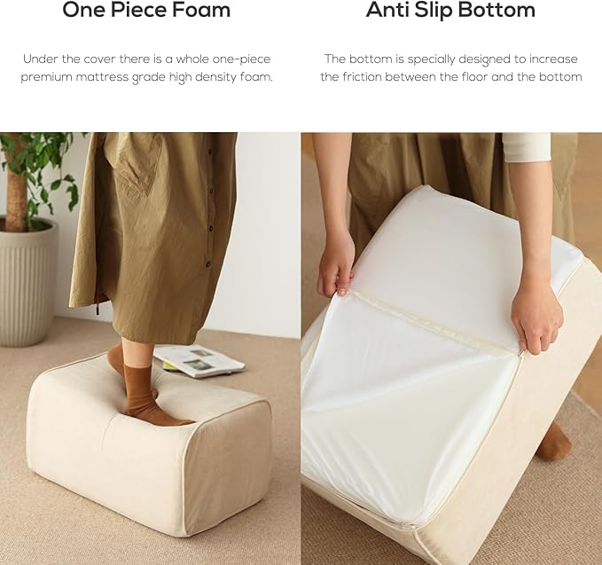N&V Bean Bag Chair Single Seated Foam Sofa Armless Floor Sofa with High Density Foam Removable and Machine Washable Cover (Champagne, Large, No Stripes)