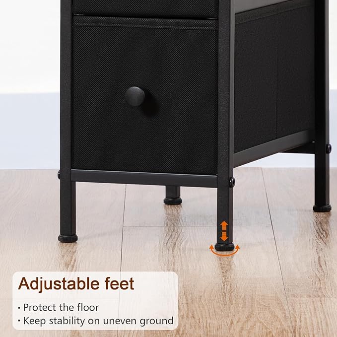 Narrow End Table Living Room with Charging Station, Skinny Side Table with Fabric Drawers, Slim LED Nightstand for Bedroom, Small Spaces, Couch, Black, HETNDP02LBK-1