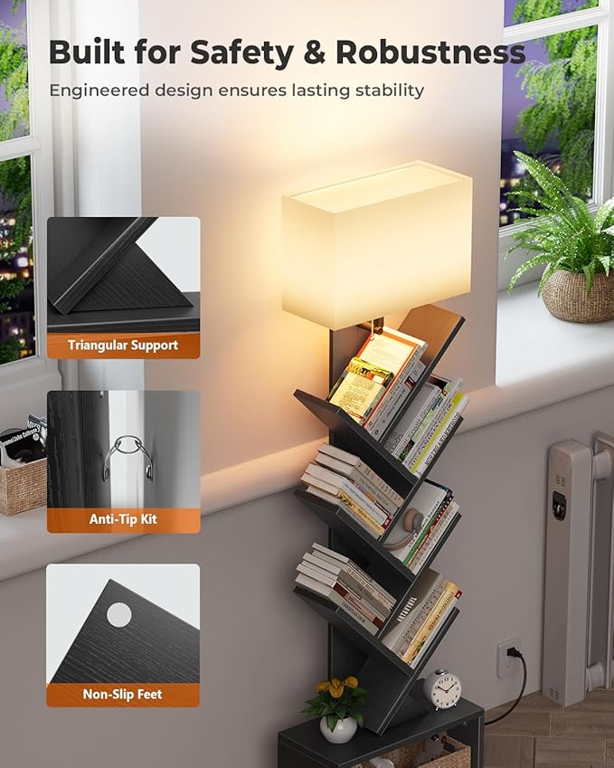 6 Tier Tree Bookshelf with Light, Narrow Bookcase Tower, Tall Floor Standing Book Shelf Organizer with Storage Cabinet for Living Room, Bedroom and Home Office, Black