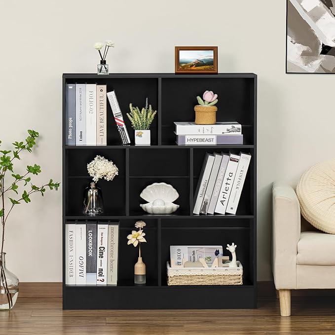 YAHARBO Black 7 Cube Bookshelf,3 Tier Modern Horizontal Bookcase,Wooden Low Book Shelf Display Storage Cabinet with Base,Floor Standing Short Bookshelves Open Organizer for Bedroom,Living Room,Office