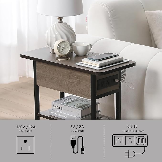 Modern End Table with Charging Station, Narrow Side Table with USB Ports & Outlets, Flip-Top Nightstand with Storage Shelf, Small Bedside Table for Living Room, Bedroom, Small Space, Charcoal Gray