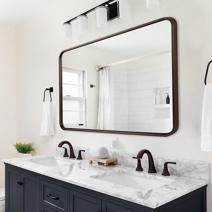 ANDY STAR Bronze Bathroom Mirror 30X40, Large Brushed Bronze Mirror for Wall, Rounded Rectangle Mirror Oil Rubbed Bronze, Bronze Vanity Mirrors in Metal Frame Hangs Horizontal Or Vertical