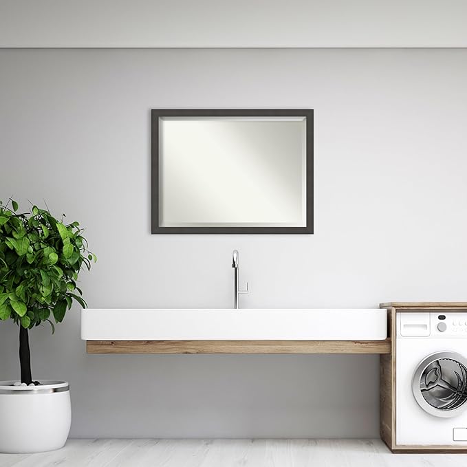 Amanti Art Silver Bathroom Mirror for Over Sink, 34x44 Blaine Light Pewter Narrow Rectangle Vanity Mirror, X-Large Modern Contemporary Frame, Hangs Horizonally and Vertically, Bathroom Wall Decor